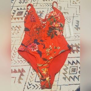 Vibrant red floral swimsuit 👙